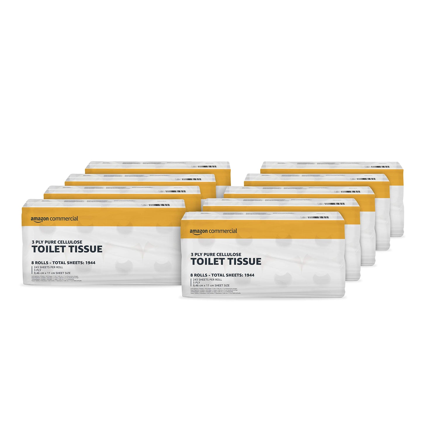Tualetes papīrs AmazonCommercial, 3 kārtu Premium, 72 ruļļi (8 ruļļi, 9 iepakojumi), 243 loksnes rullī, loksnes izmērs: 9,5 x 11 cm, saderīgs ar T4/T6 dozatoriem