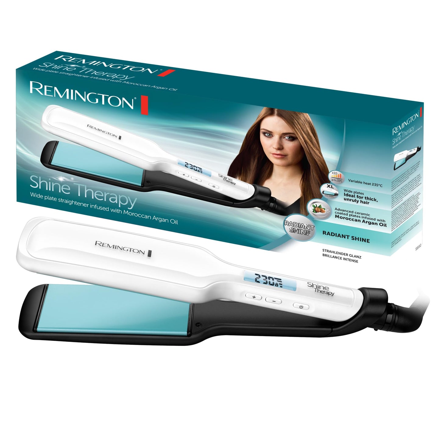 Remington Glätteisen plats Shine Therapy (augstas kvalitātes keramikas pārklājums, kas bagātināts ar mikroaktīvām vielām, lai nodrošinātu lielāku spīdumu - marokāņu argana eļļa un E vitamīns) LCD displejs, 150-230°C, matu taisnotājs S8550