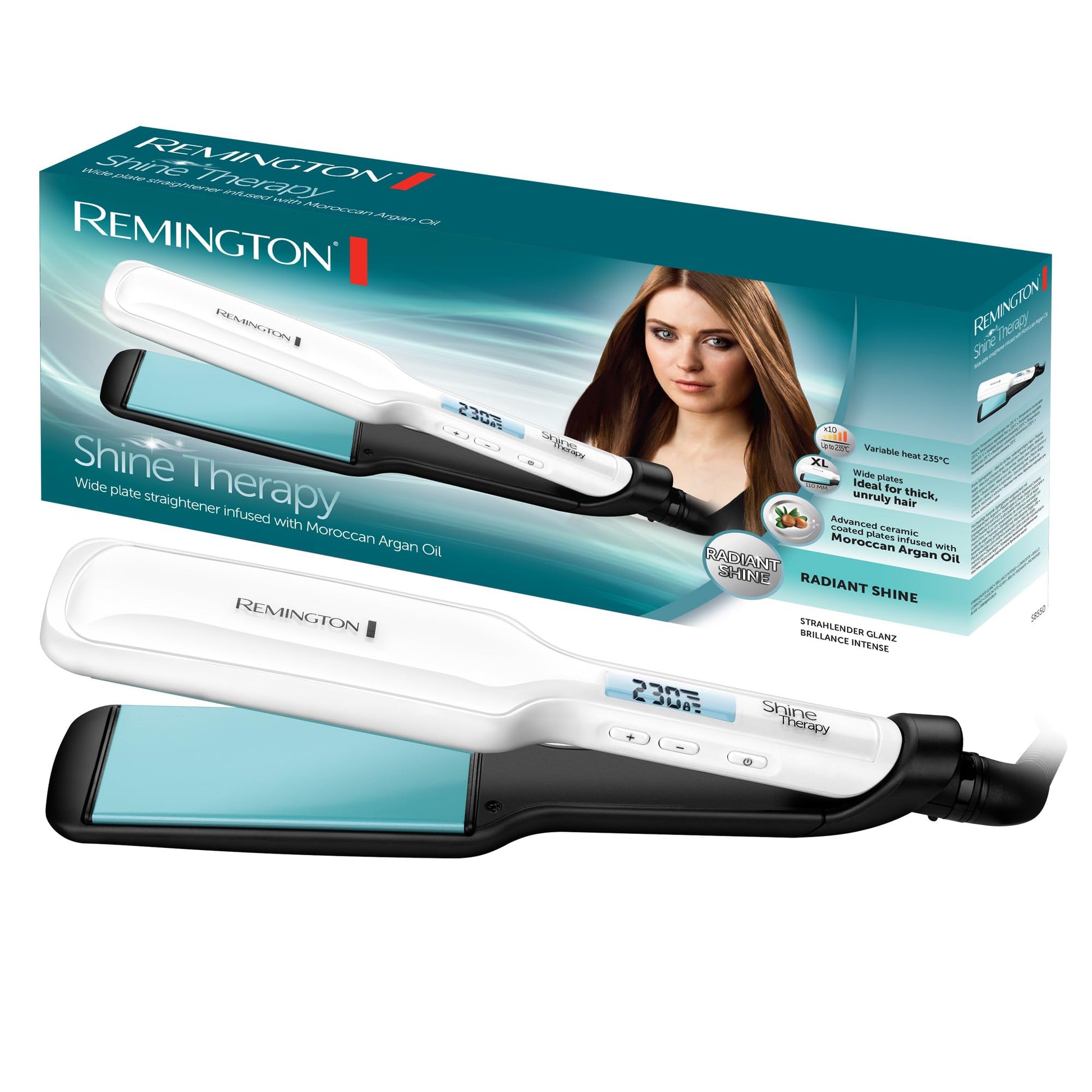 Remington Glätteisen plats Shine Therapy (augstas kvalitātes keramikas pārklājums, kas bagātināts ar mikroaktīvām vielām, lai nodrošinātu lielāku spīdumu - marokāņu argana eļļa un E vitamīns) LCD displejs, 150-230°C, matu taisnotājs S8550