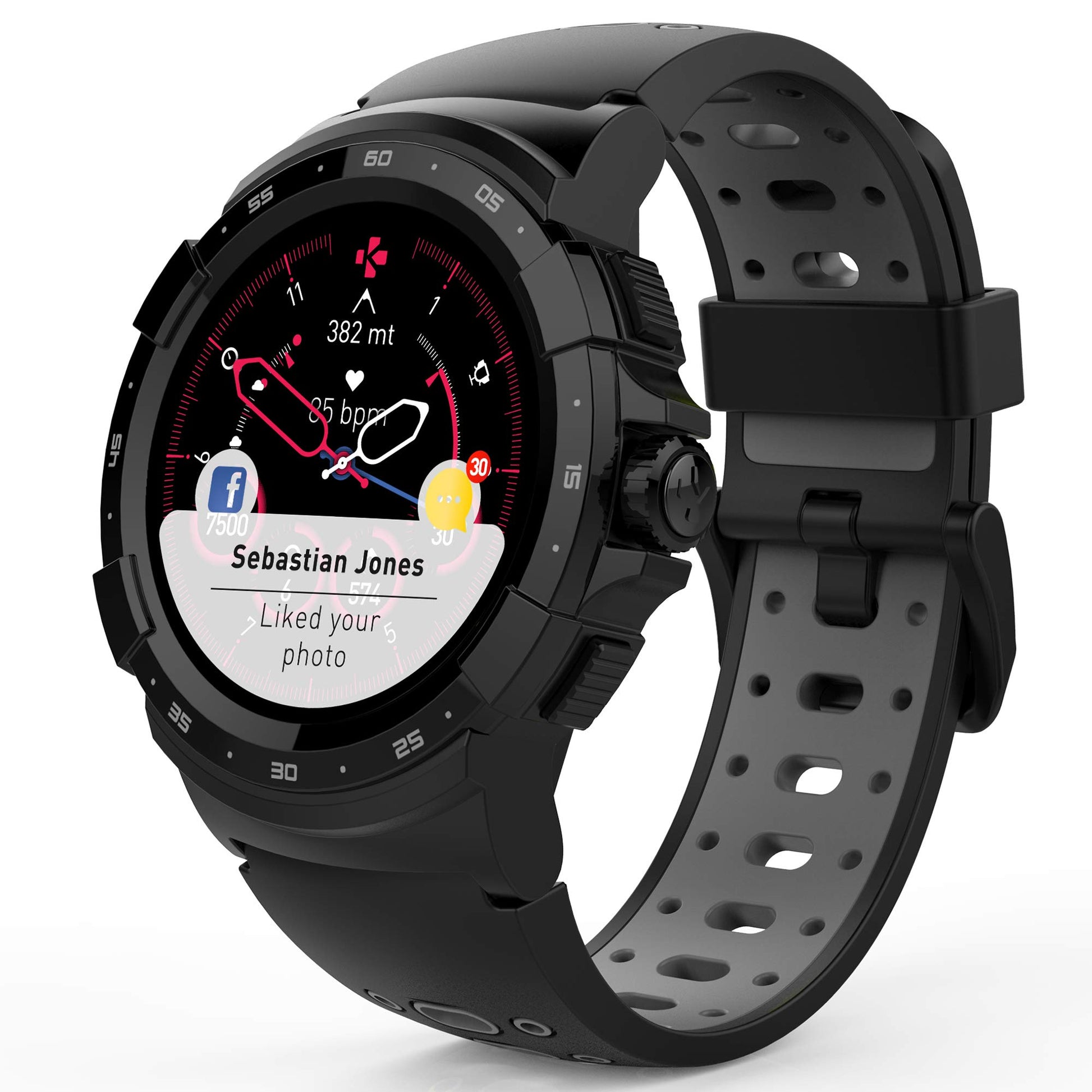 MyKronoz ZE Sport2 smartwatch - black, fitness tracking, heart rate monitor, customizable watch faces.