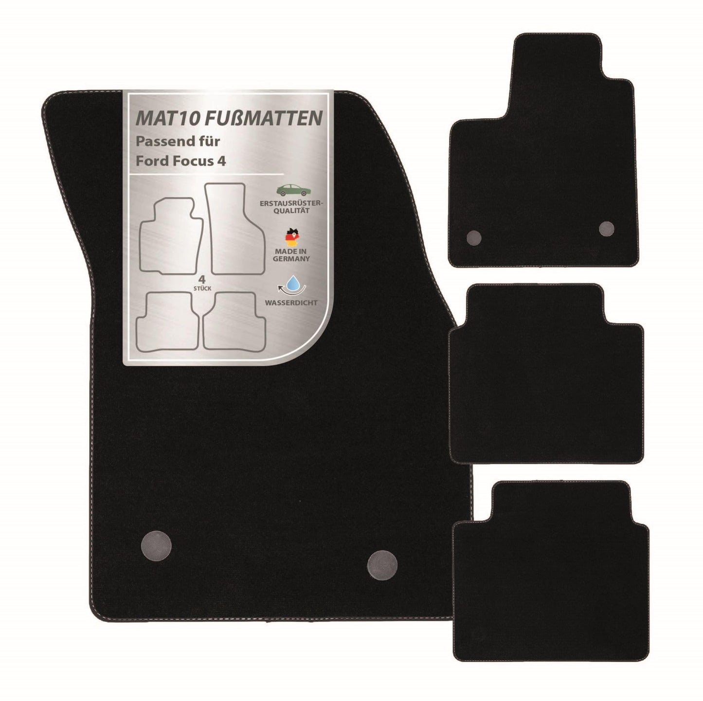MAT10 – Auto-paklāji piemēroti Ford Focus 4 (no BJ 09/2018) no velūra | 4 gabalu automašīnu paklāju komplekts | izturīga oriģinālo aprīkojumu kvalitāte, Ražots Vācijā, melns