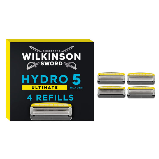 Wilkinson Sword - Hydro 5 Ultimate skuveklis vīriešiem, 4 rezerves asmeņi, mitrinoši gela baseini un triecienu absorbcijas tehnoloģija