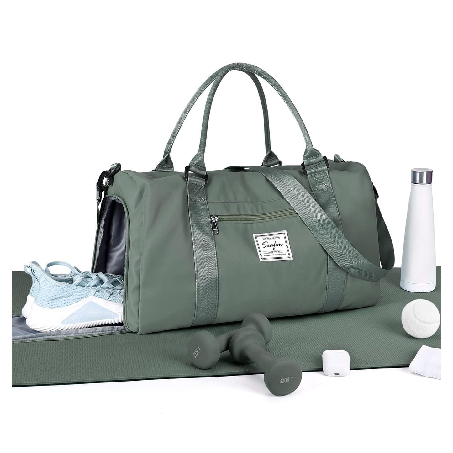 HYC00 sporta duffel soma sievietēm un vīriešiem kā rokas bagāža ar mitro nodalījumu un apavu nodalījumu, ceļojumu soma, weekender soma, sporta un fitnesa soma, peldēšanas soma, jogas soma, treniņu soma, armijas zaļa