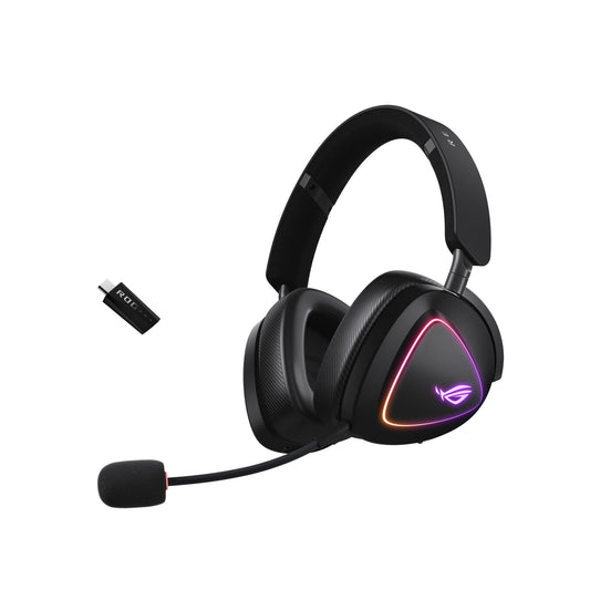 ASUS ROG Delta II - bezvadu RGB spēļu austiņas, 110h akumulatora, 10 mm mikrofons, Bluetooth 2,4 GHz, Aura Sync.