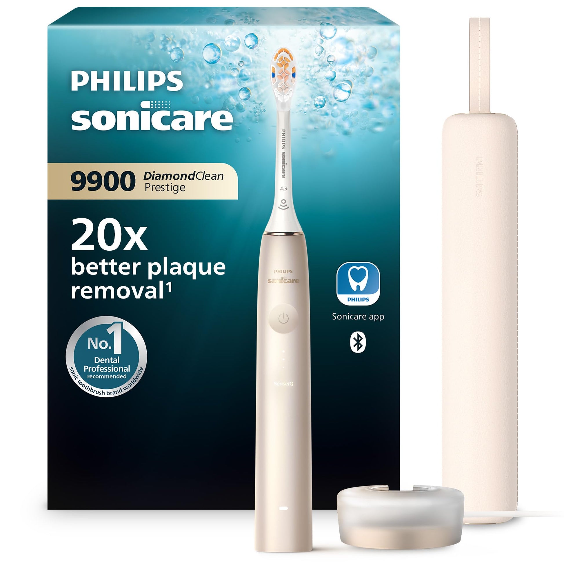 Philips Sonicare DiamondClean Prestige 9900 elektriskā zobu birste – Ultraskaņas zobu birste ar 1x A3 Premium-All-in-One birstes galvu un uzlādes futrāli šampanieša krāsā (modelis HX9992/11)