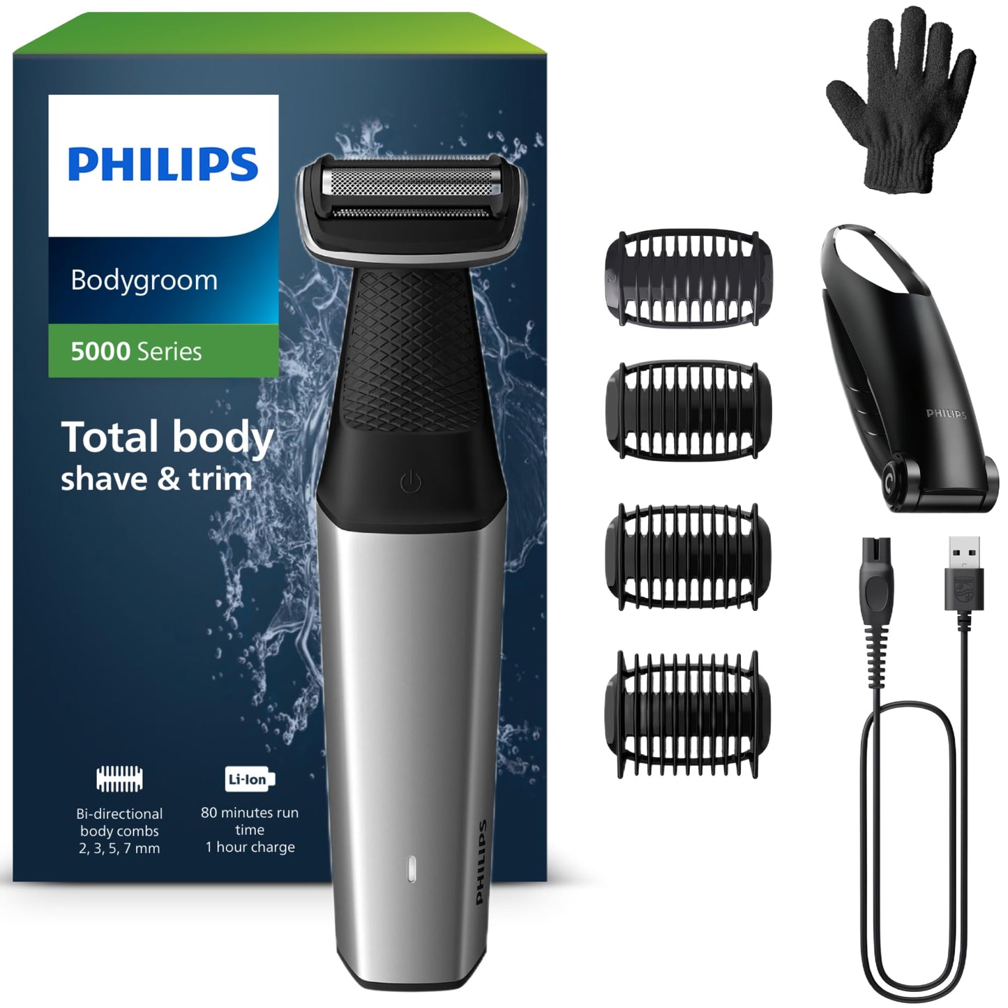 Philips Bodygroom Series 5000, ūdensizturīgs trimmeris intīmajai zonai un ķermenim, rūpīga un patīkama skūšanās, pilnīga ķermeņa kopšana, tostarp mugura, 60 min. darbības laiks, modelis BG5021/16