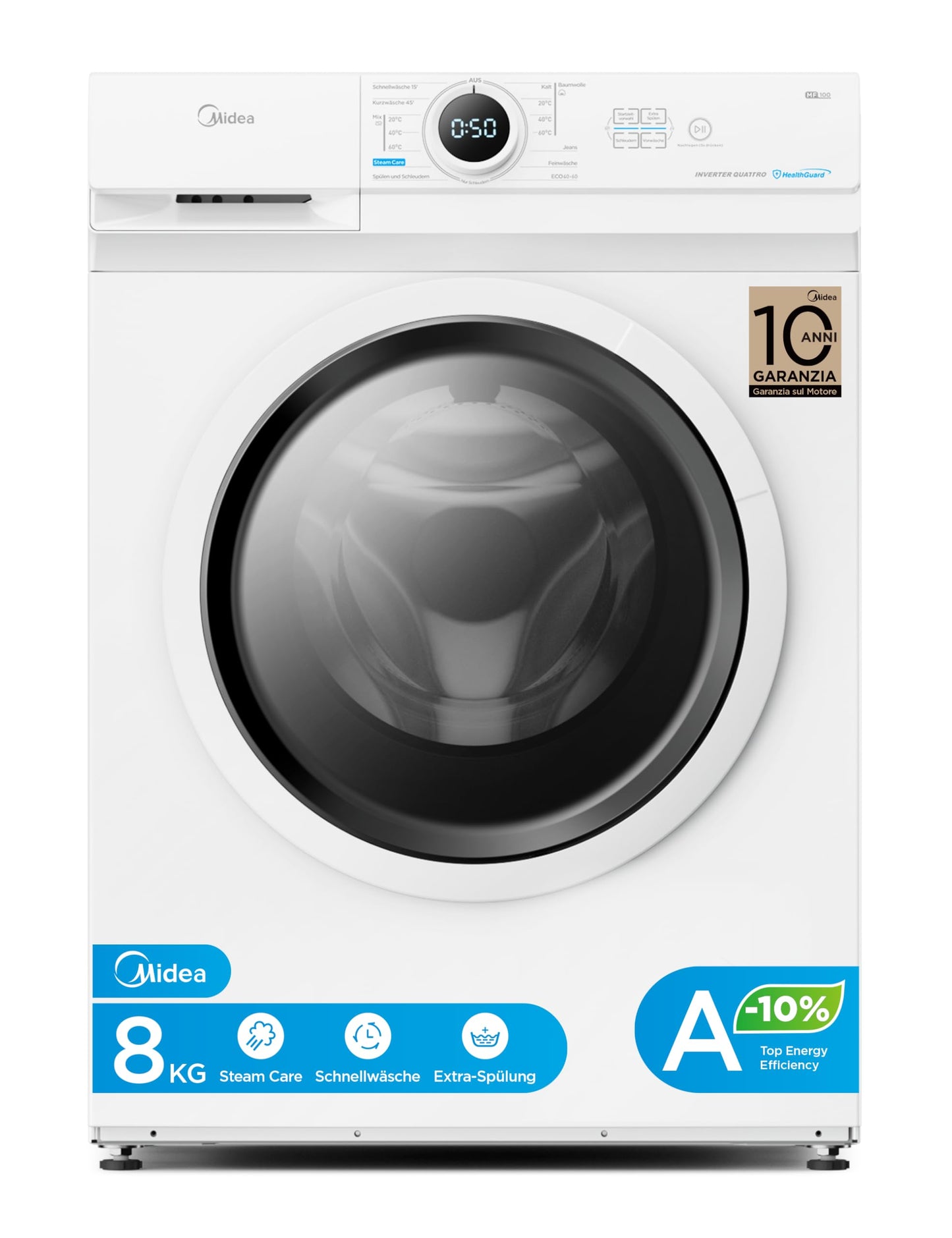Veļas mašīna Midea 8 kg A-10% energoefektivitāte 1400 apgr./min balta MF10EW80BA10