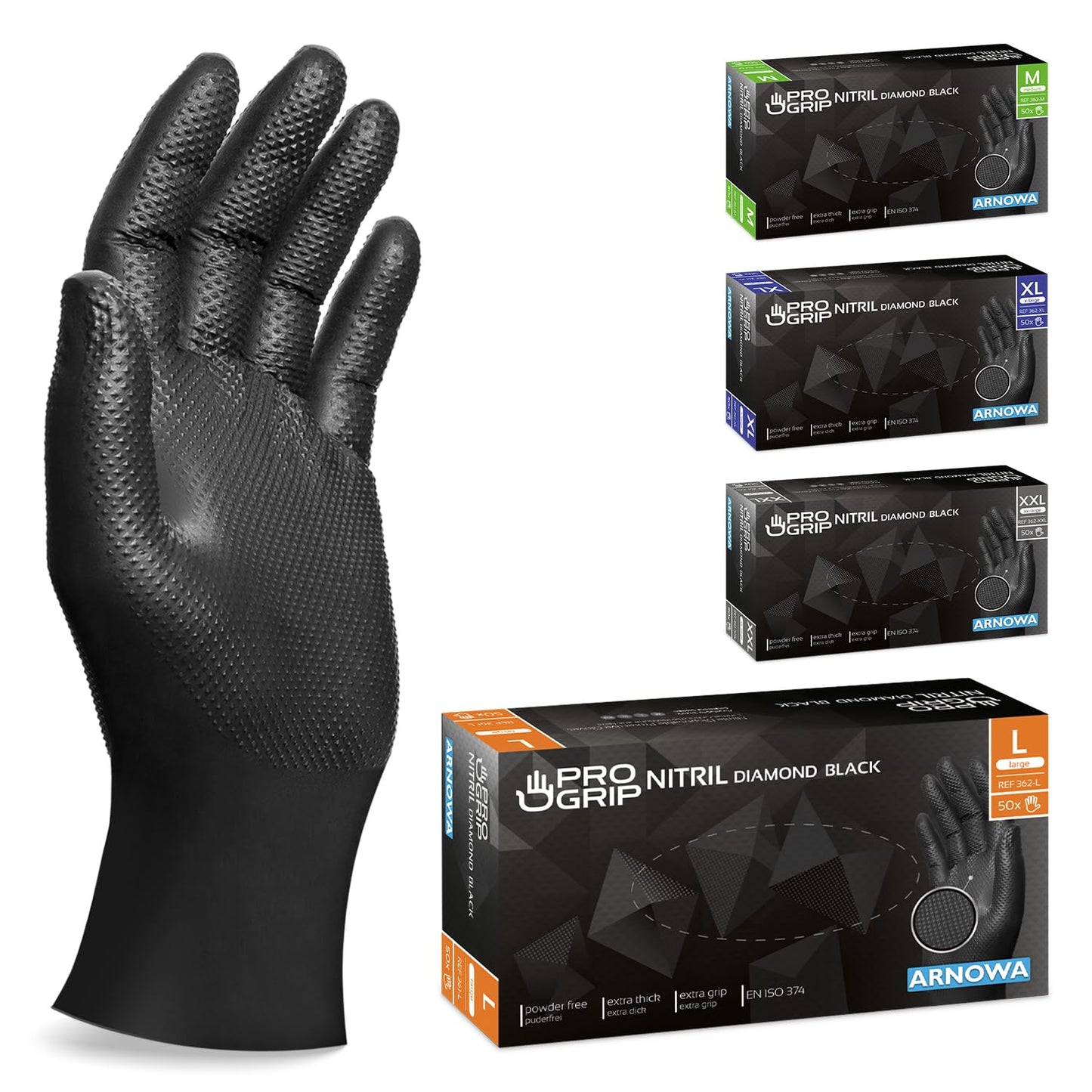 50x PROGRIP vienreizējie cimdi Diamond Grip melni, nitrila cimdi L