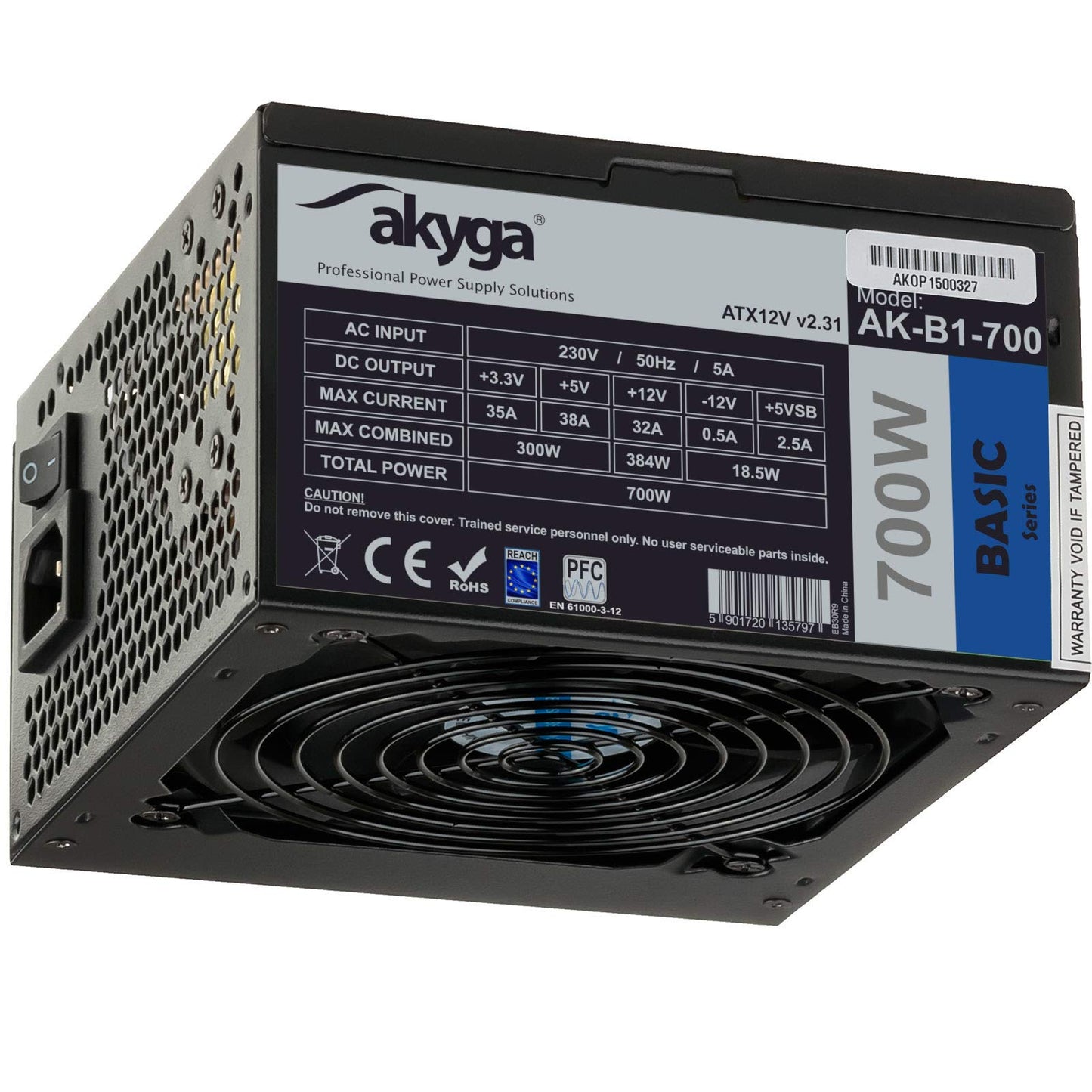AKYGA Basic barošanas bloks ATX 2.31 AK-B1-700BE - 700W, P4+4, PCI-E 6+2 pin, 5X SATA, PPFC, 120mm ventilators