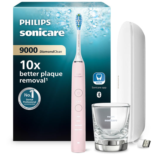 Philips Sonicare DiamondClean 9000 elektriskā zobu birste, skaņas zobu birste ar lietotni, spiediena kontrole, 4 tīrīšanas režīmi, 3 intensitātes līmeņi, uzlādes glāze un USB transporta soma, rozā, modelis HX9911/29