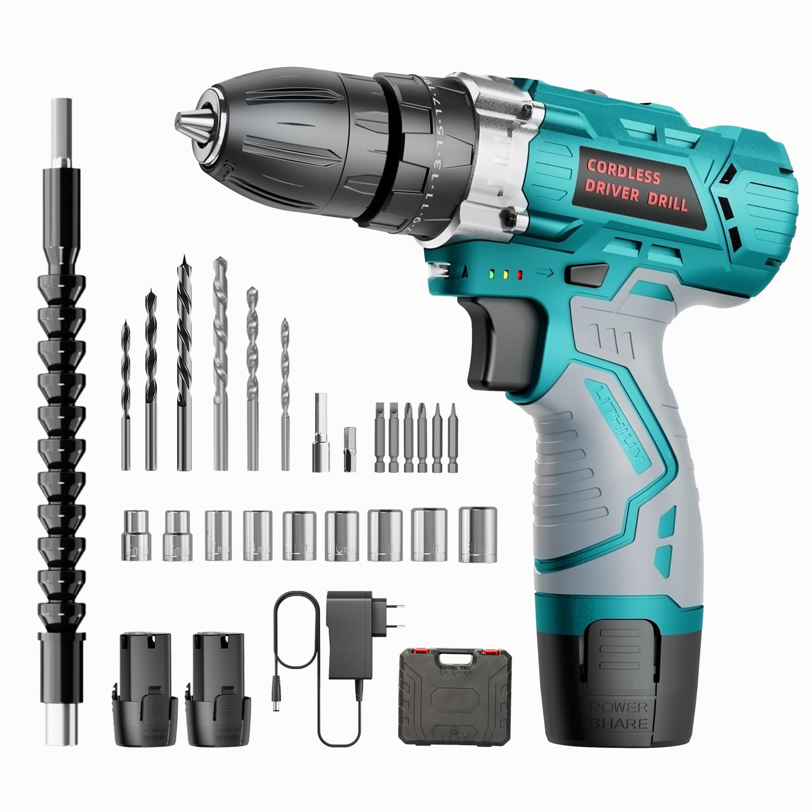 Bezvadu skrūvgriezis - 12V akumulatora urbjmašīnas komplekts ar 25Nm griezes momentu, 24 piederumi un 2000mAh akumulatori.