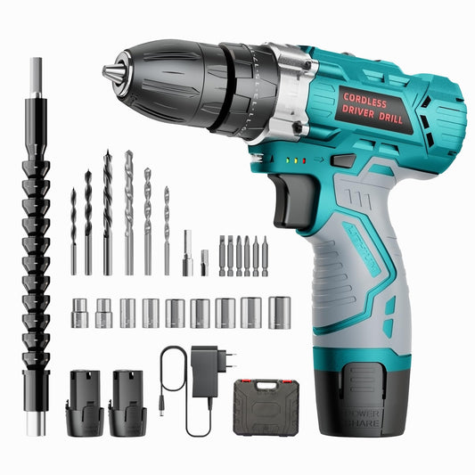 Bezvadu skrūvgriezis - 12V akumulatora urbjmašīnas komplekts ar 25Nm griezes momentu, 24 piederumi un 2000mAh akumulatori.