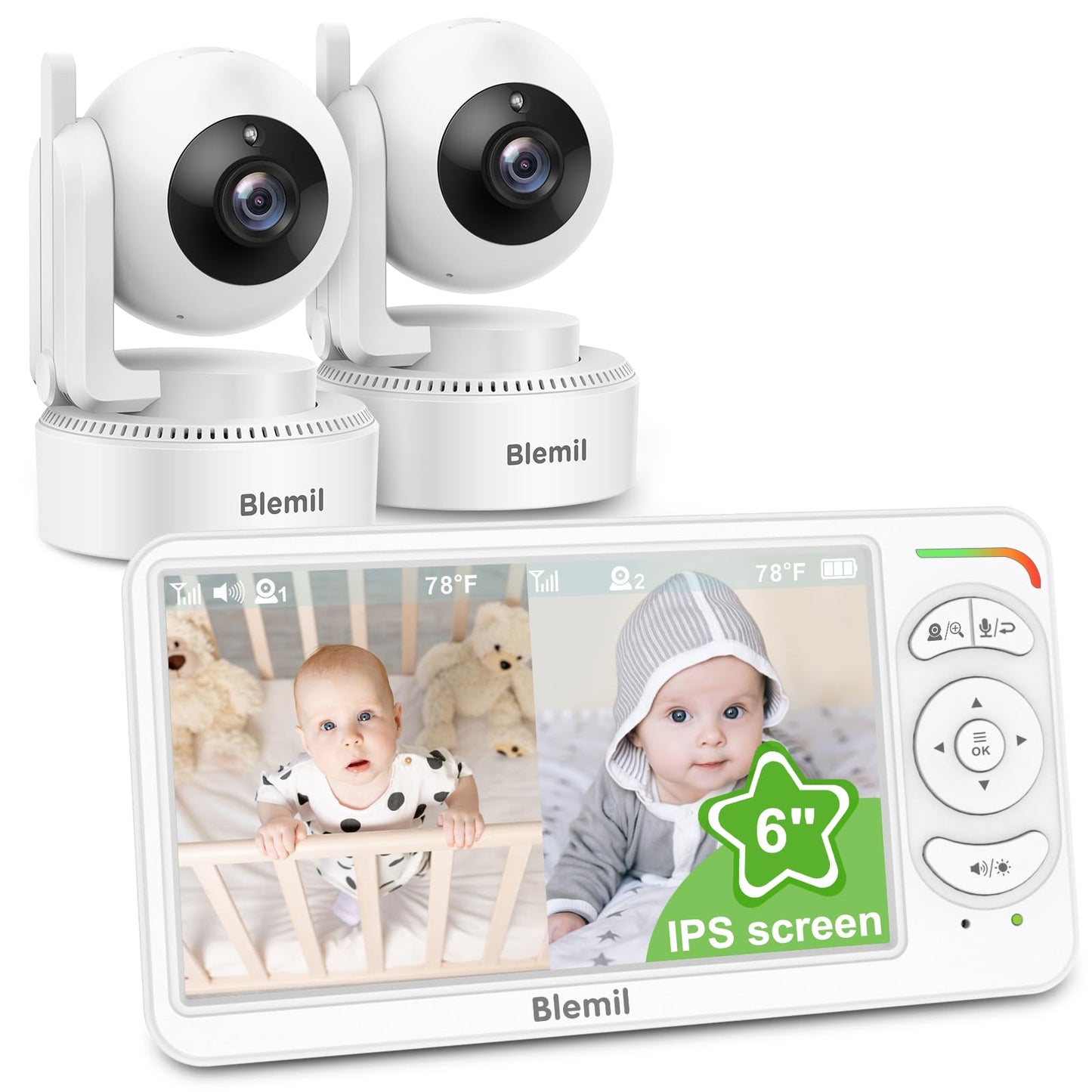 Bērnu video monitors ar 2 kamerām, 6" IPS, dalītais ekrāns, 4000 mAh akumulators