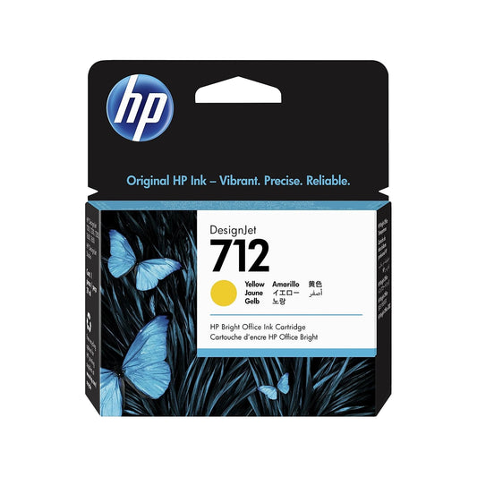 HP 712 dzeltena 29 ml printera kasetne - oriģinālā tinti, saderīga ar DesignJet T650, T630, T250, T230 un Studio sērijām.