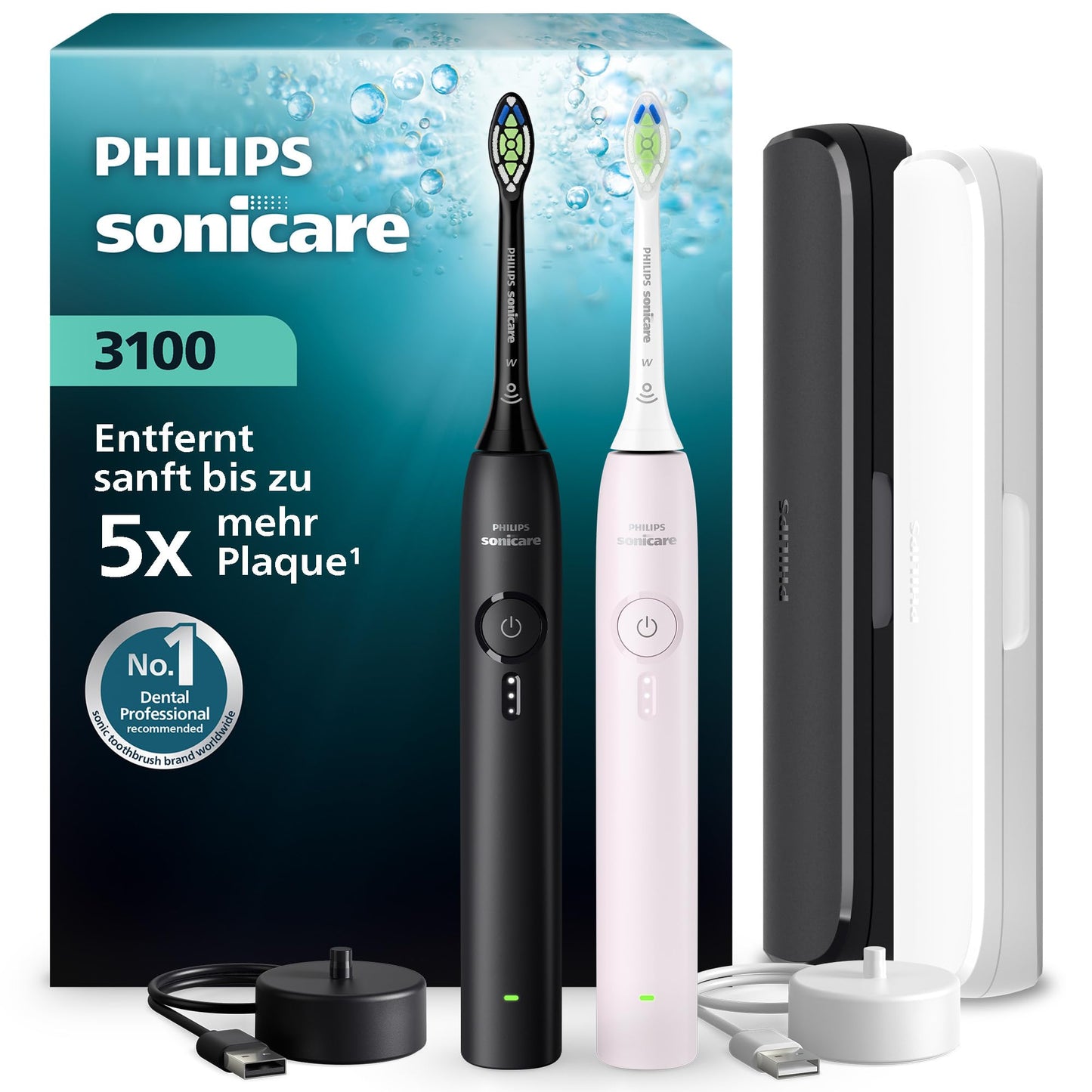 Elektriskā zobu birste Philips Sonicare Series 3100, skaņas zobu birste ar spiediena sensoru, 3 intensitātes, EasyStart, SmarTimer, 14 dienu darbības laiks, ceļojuma futrālis, melna un rozā, 2 gab., HX4072/42, [Jauna]