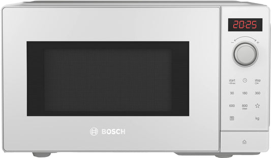 Bosch FFL023MW0 Sērija 2 Mikroviļņu krāsns, 26 x 44 cm, 800 W, griežamais šķīvis 27 cm, durvju piestiprinājums pa kreisi, AutoPilot 7 7 automātiskās programmas, tīrīšanas atbalsts, LED skārienekrāns, balts