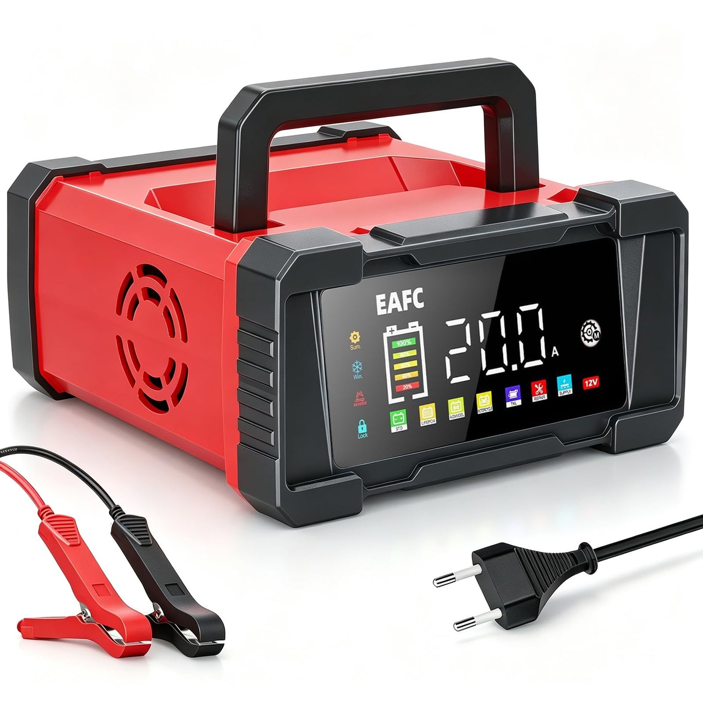 Auto akumulatora lādētājs 20A 12V/24V, pārnēsājams akumulatoru uzturētājs, 9 pakāpju uzlāde, remonta režīms, priekš STD, AGM, EFB, Gel, SLA, LiFePO4, automašīnām un motocikliem