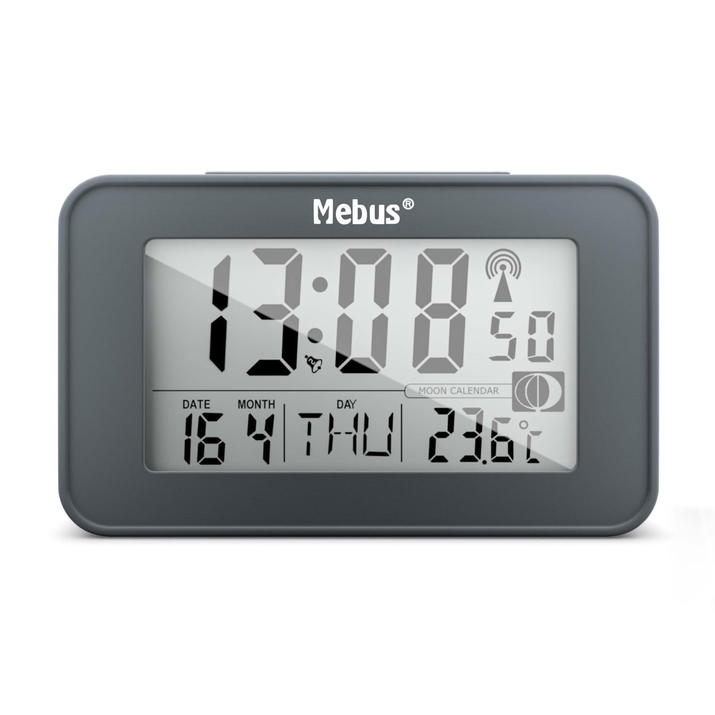 Mebus digitāls radio vadāms modinātājs ar mēness kalendāru, apgaismojumu, iekštelpu termometru, 2 modināšanas laikiem, snaudas funkciju, plastmasa, pelēks, 51460