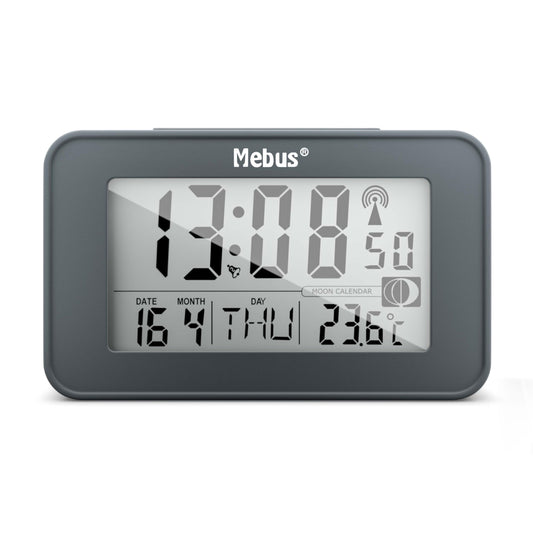 Mebus digitāls radio vadāms modinātājs ar mēness kalendāru, apgaismojumu, iekštelpu termometru, 2 modināšanas laikiem, snaudas funkciju, plastmasa, pelēks, 51460