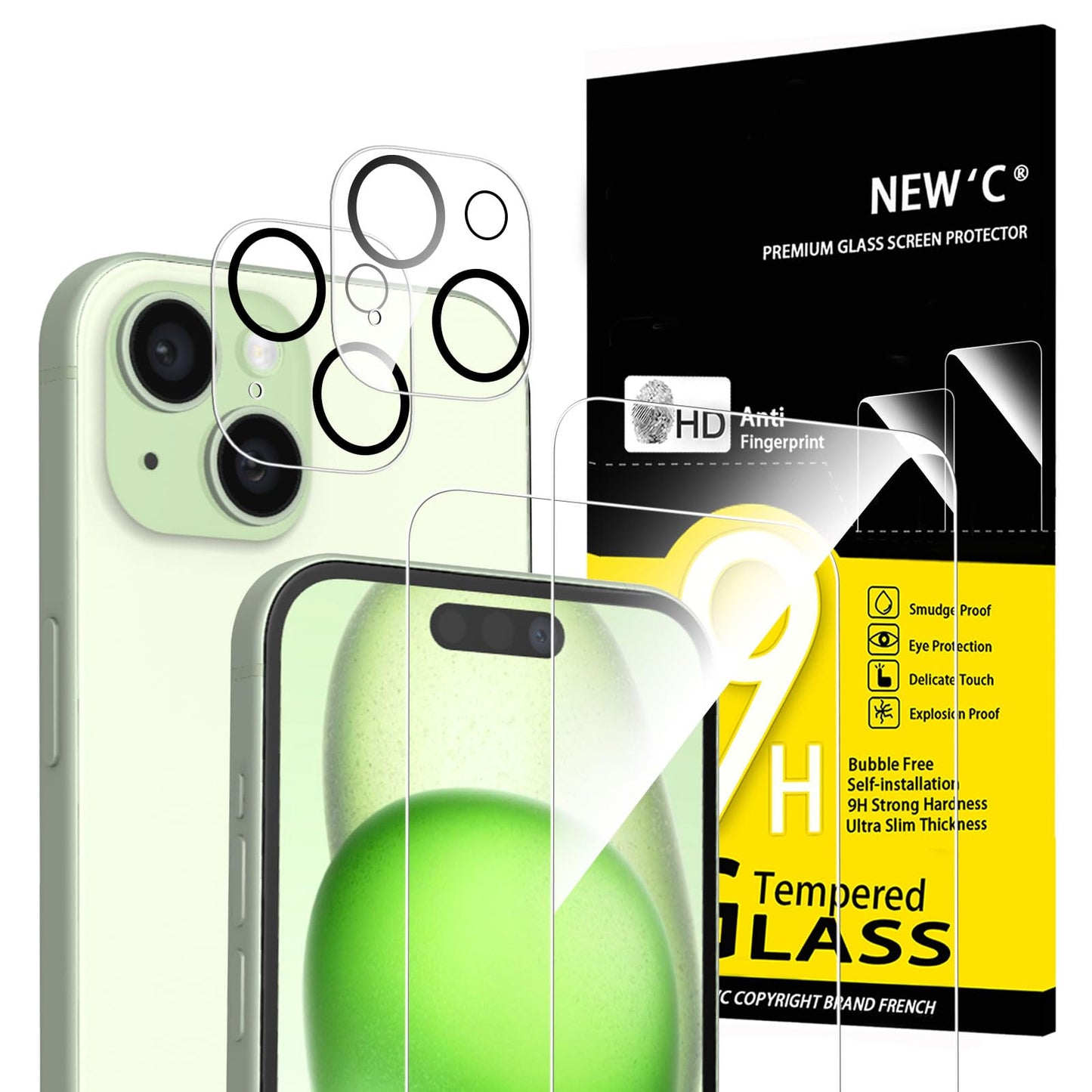 Rūdīts aizsargstikls iPhone 15 6,1" ekrānam un kamerai NEW'C, 4 gab., 9H