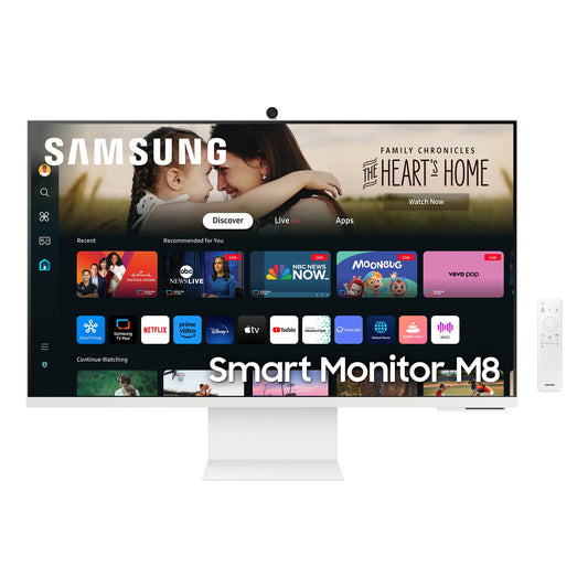 Samsung M80D Monitor - 32" 4K UHD, AI enhancement, 360 audio, built-in webcam, height adjustable, smart TV apps, remote.