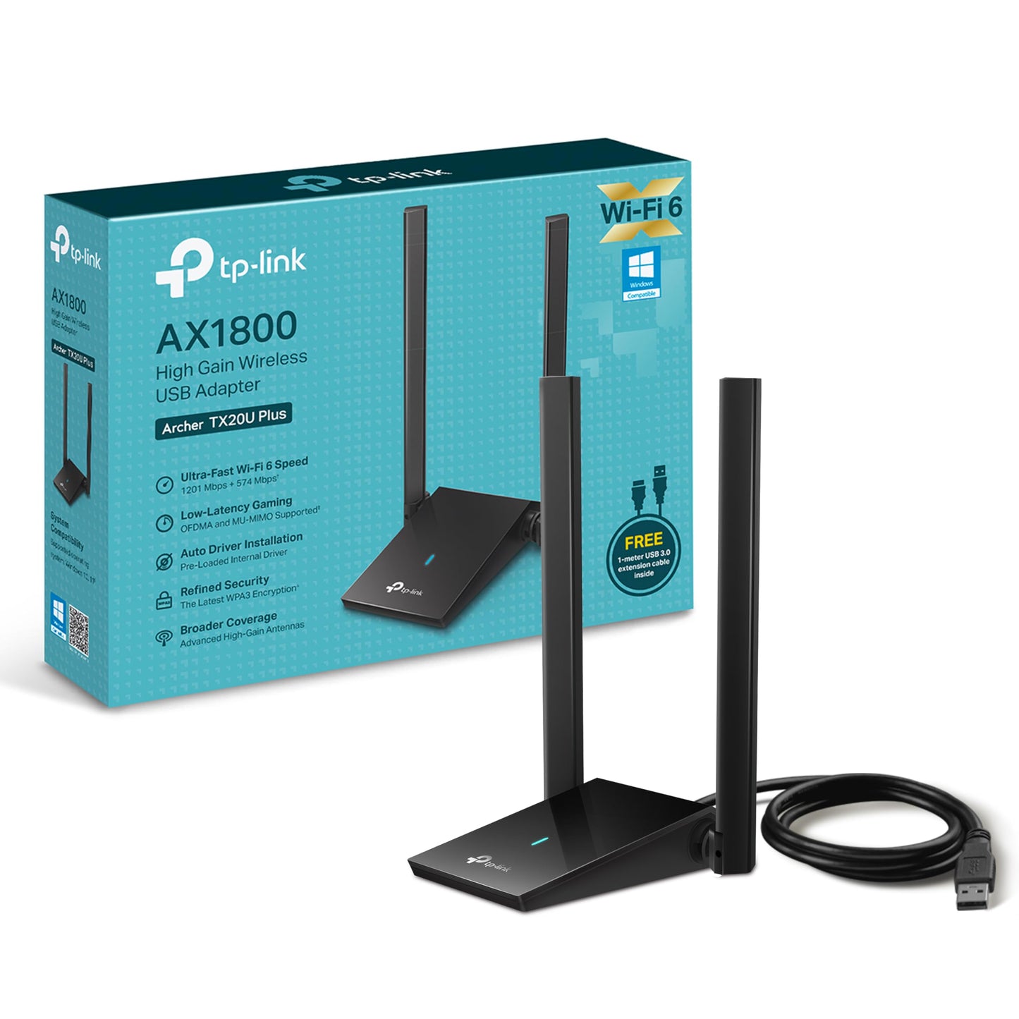 WiFi 6 USB adapteris PC — TP-Link Archer TX20U Plus, AX1800, Dual Band, USB 3.0, MU-MIMO, augsta pastiprinājuma antenas, WPA3, saderīgs ar Windows 11/10, melns