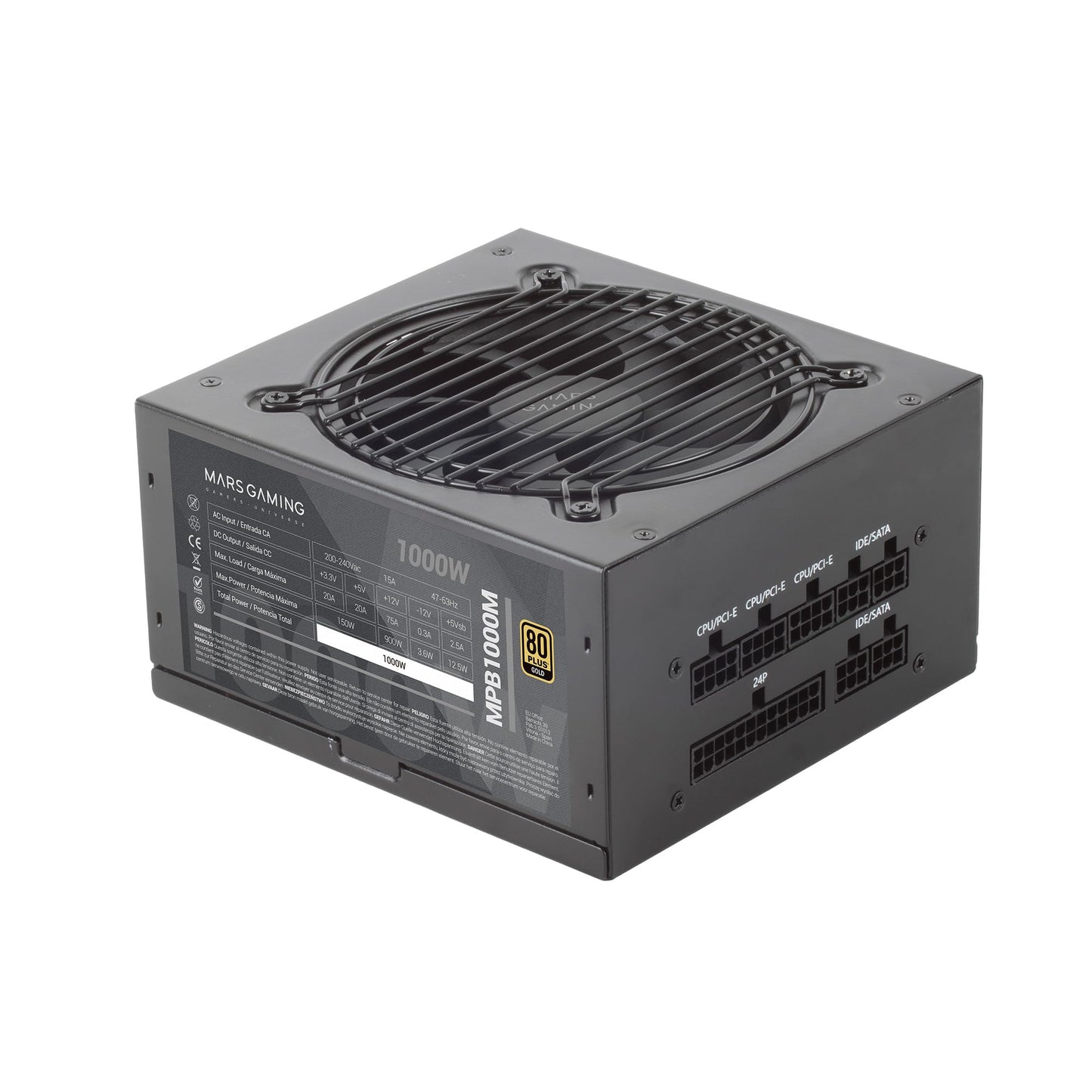 Mars Gaming MPB1000M - 1000W modular power supply, 80Plus Gold, 90% efficiency, silent 120mm fan, 6-year warranty.