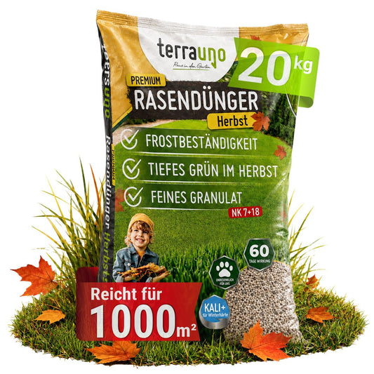 TerraUno premium rudens mēslojums zālienam, veselīgs zāliens izspiež sūnas un nezāles, rudens zāliena mēslojums ar 60 dienu ilgstošu iedarbību, 20 kg uz 1000 m², tūlītēja iedarbība, īpaši stipri zaļš