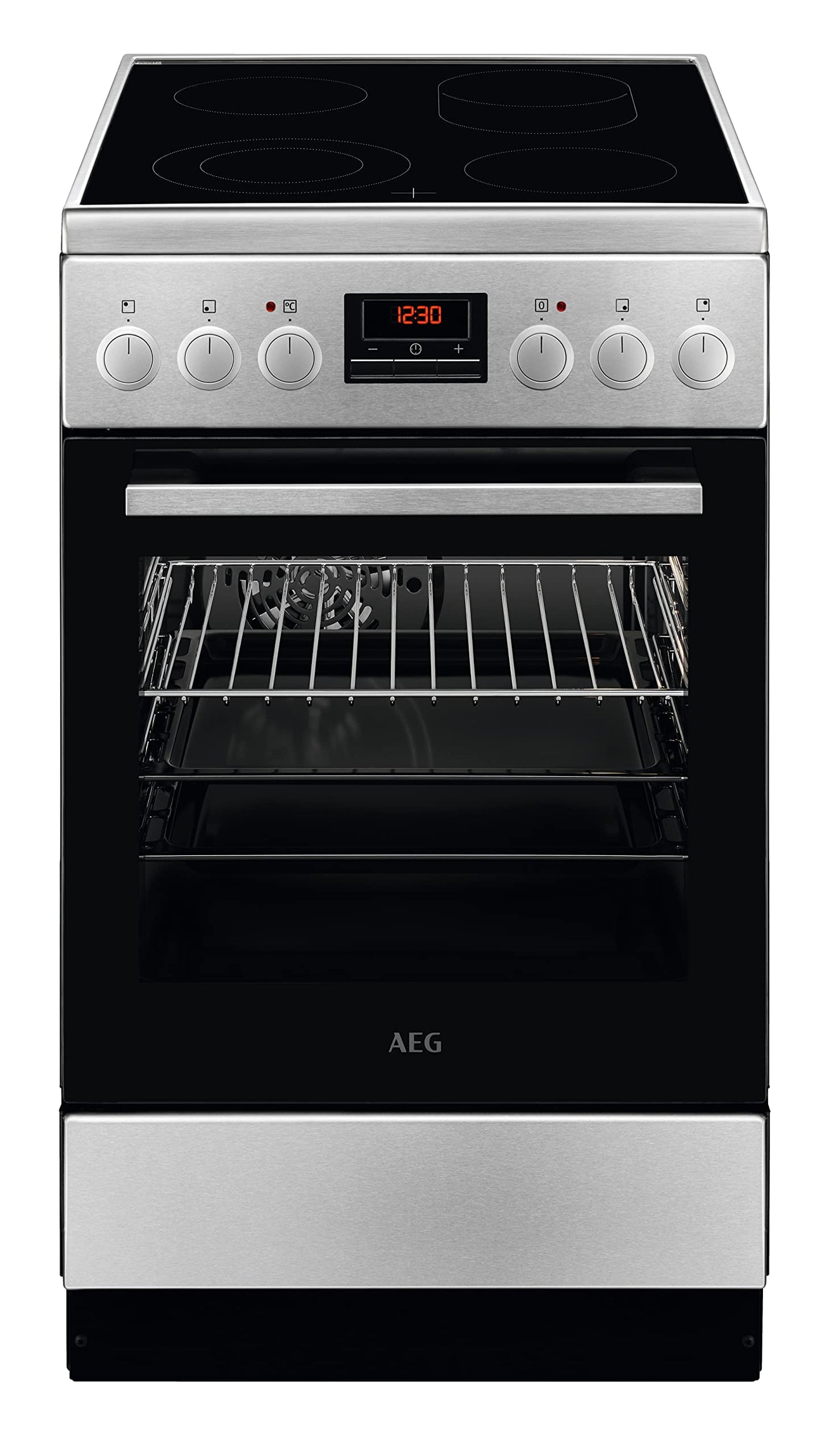 AEG CCB5442CBM 50 cm stāvošā plīts ar stikla keramikas virsmu / cepšanas zonu / daudzlīmeņu vārīšanas zonu / ieliekamu pogu / grila funkciju / displeju ar pulksteni / A