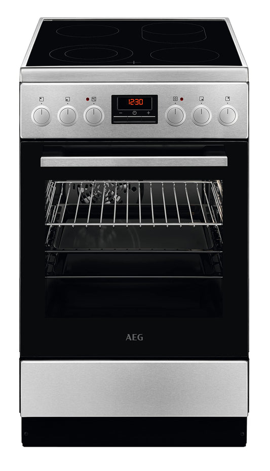 AEG CCB5442CBM 50 cm stāvošā plīts ar stikla keramikas virsmu / cepšanas zonu / daudzlīmeņu vārīšanas zonu / ieliekamu pogu / grila funkciju / displeju ar pulksteni / A