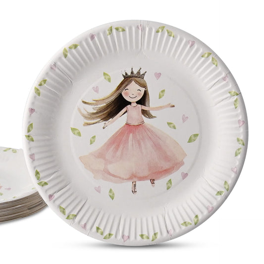 GREENBOX 8x papīra šķīvji rozā - 23 cm princese, bez plastmasas, vienreizlietojamie trauki bērnu dzimšanas dienai