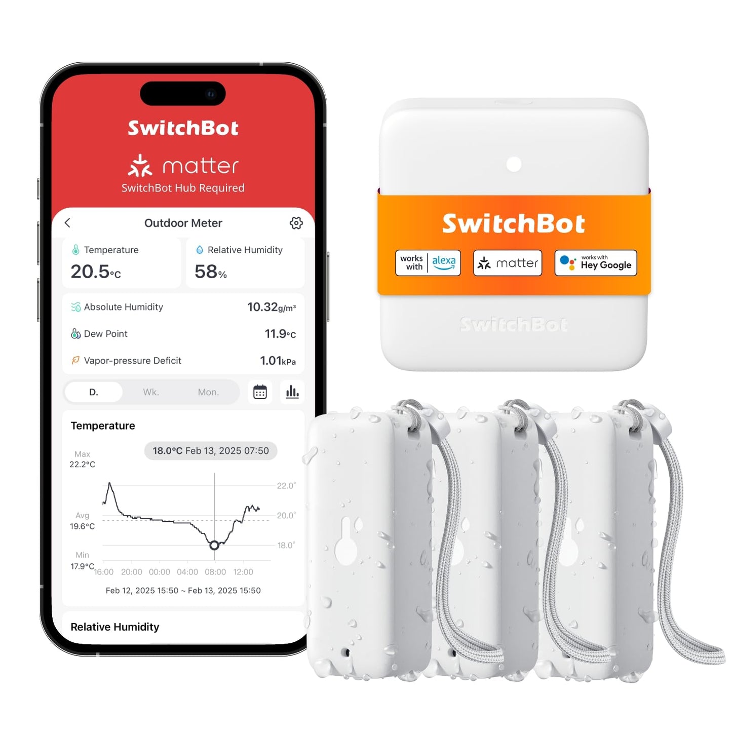 SwitchBot WiFi higrometrs termometrs iekštelpām un ārpus tām, 3 gab. komplekts ar Hub Mini Matter