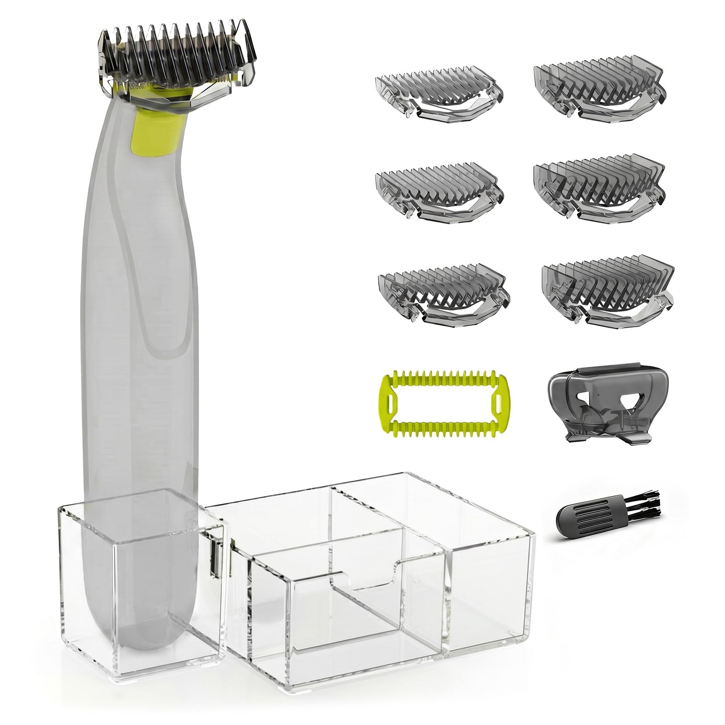 KIONCARE uzgaļu komplekts, saderīgs ar Philips OneBlade, 6 ķemmes uzgaļi 1–6 mm, ķermeņa uzgalis, aizsargvāciņš un caurspīdīgs skuvekļa statīvs