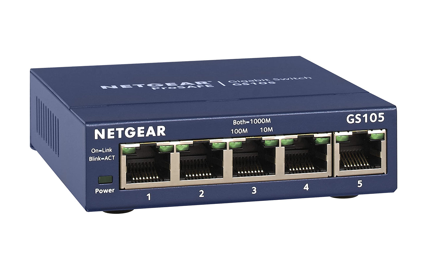 5 portu Gigabit tīkla komutators NETGEAR GS105GE, plug-and-play LAN sadalītājs ar bezventilatora metāla korpusu un ProSAFE mūža garantiju, zils