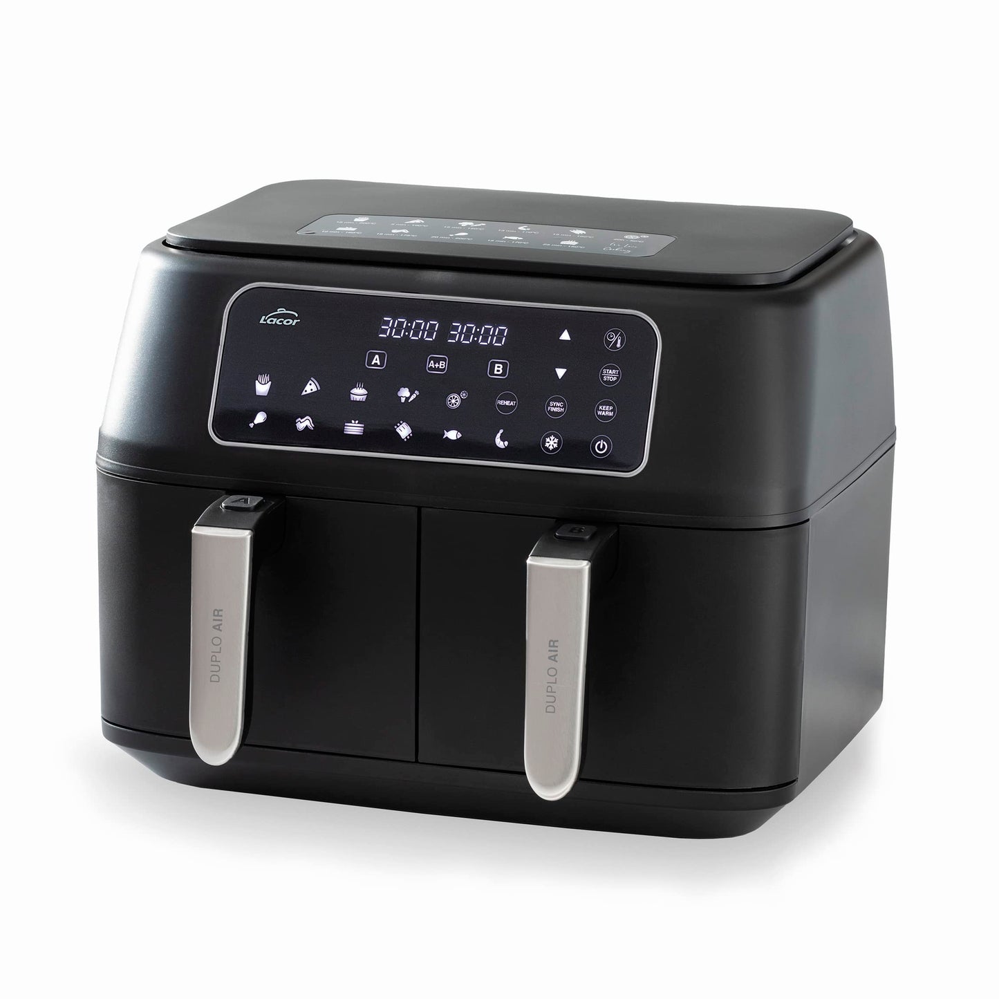 Lacor 69508 Bez eļļas DuploAir fritērija - karstā gaisa, skārienekrāns, dubultgrozs, 9L, 2400W, 11 programmas, ECO nelīpošs.