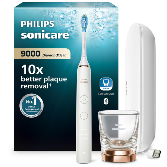 Philips Sonicare DiamondClean 9000 elektriskā zobu birste, skaņas zobu birste ar lietotni, spiediena sensors, 4 tīrīšanas režīmi, 3 intensitātes līmeņi, uzlādes glāze un USB ceļojumu maciņš, rozā zelta, modelis HX9911/94