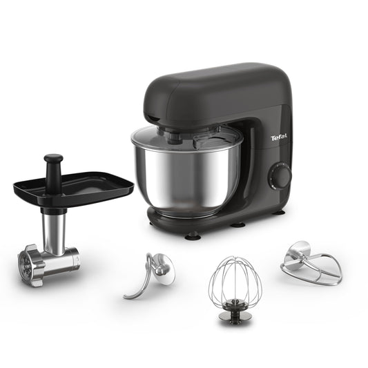 Tefal Bake Essential Coal 4-in-1 virtuves mašīna, cepšanas komplekts + gaļas maļamā mašīna, 800 W, 6 ātrumi un impulsa funkcija, nerūsējošā tērauda bļoda, 4,8 litru ietilpība, melna, QB161H38