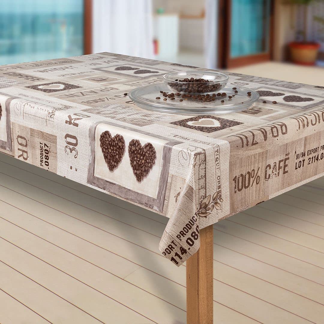 Mazgājams vaskadrānas galdauts laro, PVC, 100x140 cm, dārza galdam, ūdensatgrūdošs, raksts Coffee Hearts brūns