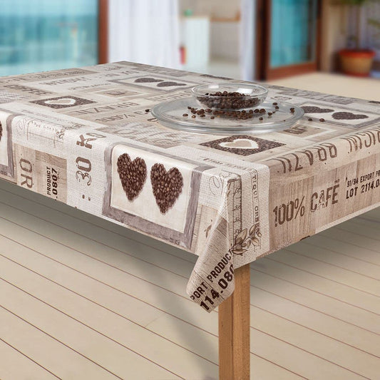 Mazgājams vaskadrānas galdauts laro, PVC, 100x140 cm, dārza galdam, ūdensatgrūdošs, raksts Coffee Hearts brūns