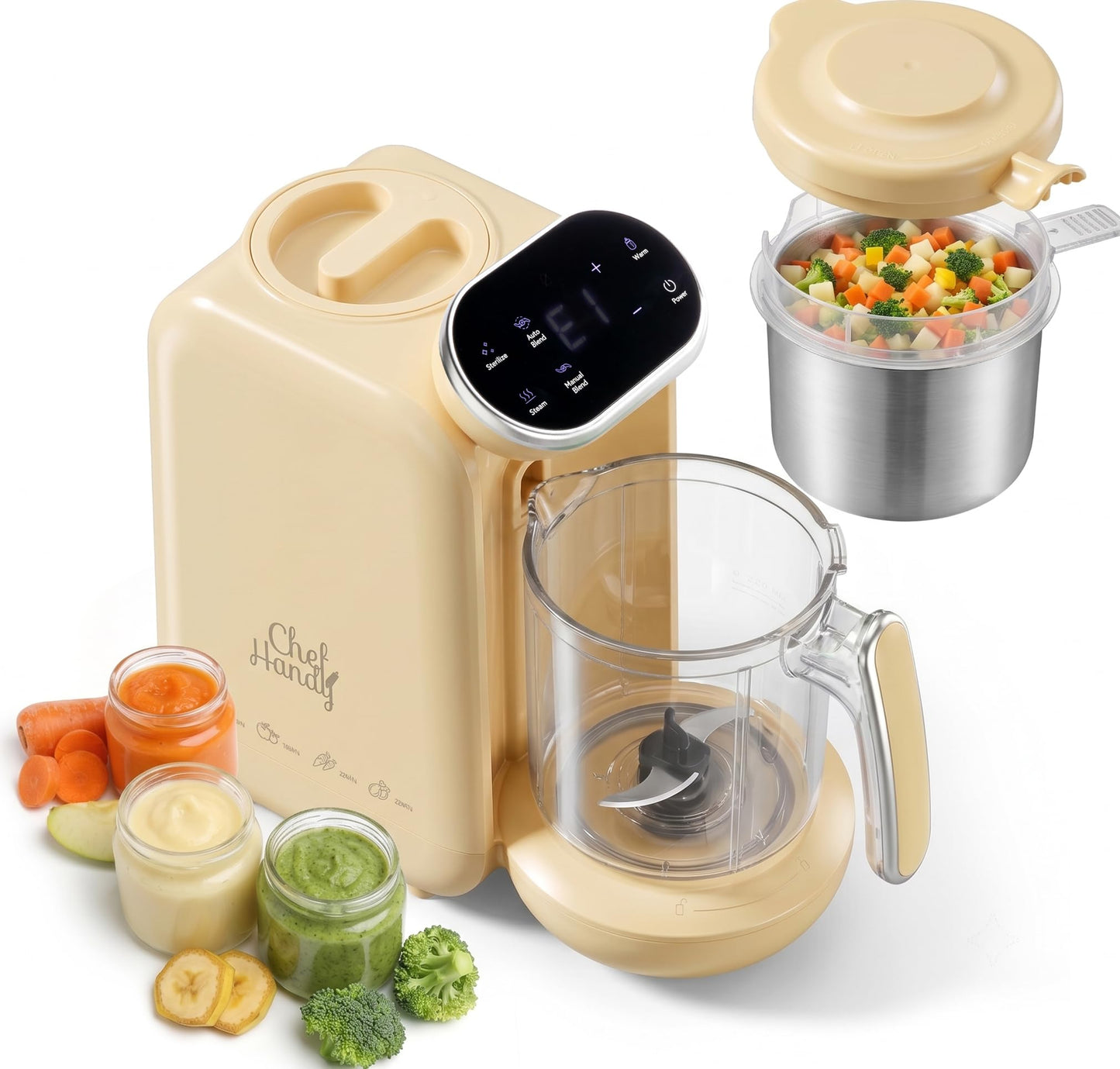 Chefhandy bērnu pārtikas pagatavotājs, 5-in-1 tvaicētājs un blenderis, dzeltens