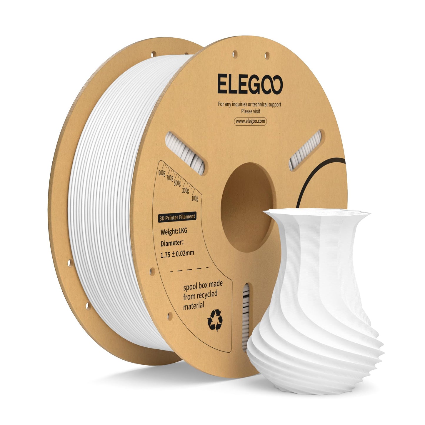 3D printera PLA+ filaments ELEGOO 1.75mm, balts, 1KG