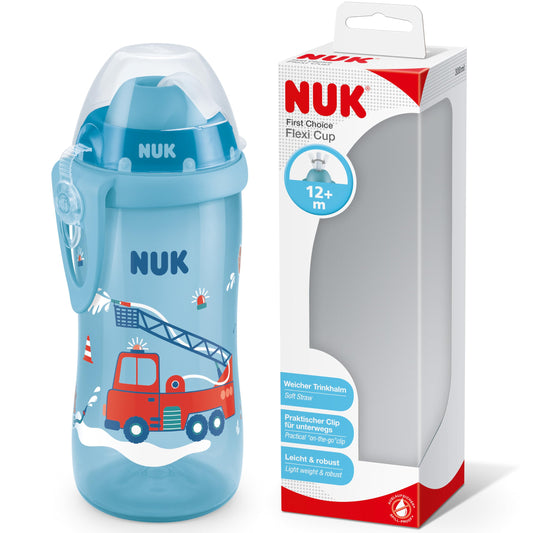 Treniņkrūzīte NUK Flexi Cup mazuļiem | 12+ mēneši | 300 ml | necaurlaidīgs, mīksts salmiņš | klipsis un aizsargvāciņš | zila