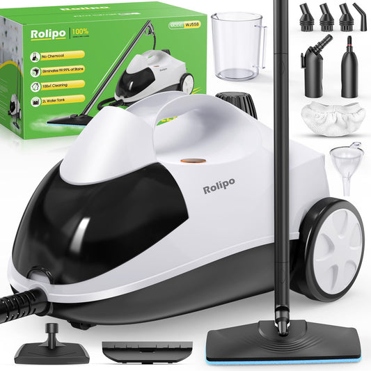 Rolipo tvaika tīrītājs, tvaika spiediens: 4 Bar, jauda: 2000 W, tvertne: Max 2 L, darbības laiks: 40 minūtes, ar grīdas tīrīšanas komplektu, sprauslām un apaļo birsti grīdām, dīvāniem, mēbelēm un automašīnām