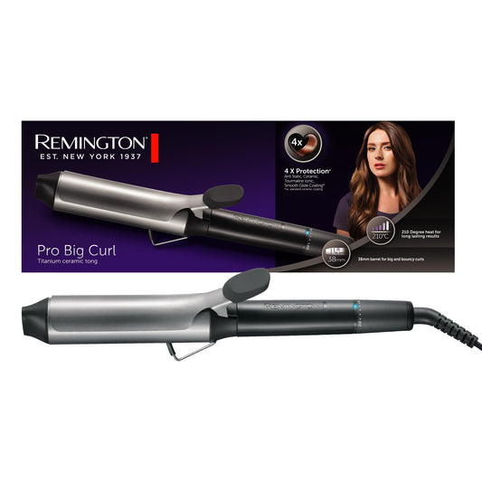 Remington Lokšķēres lielām cirtām [38mm] Pro Big Curl (4-kārtējā aizsardzība, antistatiskā keramikas-turmalīna pārklājums) Digitālais displejs līdz 210°C, ar skavu, dabīgas viļņi, melns, CI5538