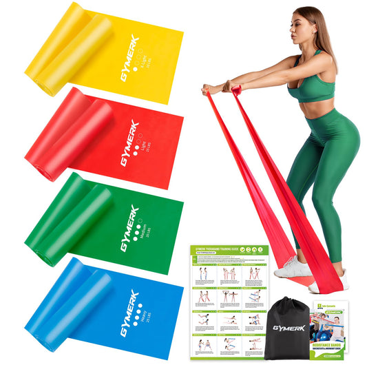 Pretestības gumiju komplekts GYMERK, 4 gab., 1.8M/2M fitnesa gumijas ar 4 pretestības līmeņiem, ar vingrinājumu plakātu, somiņu un instrukciju, jogai, pilatesam un muskuļu audzēšanai