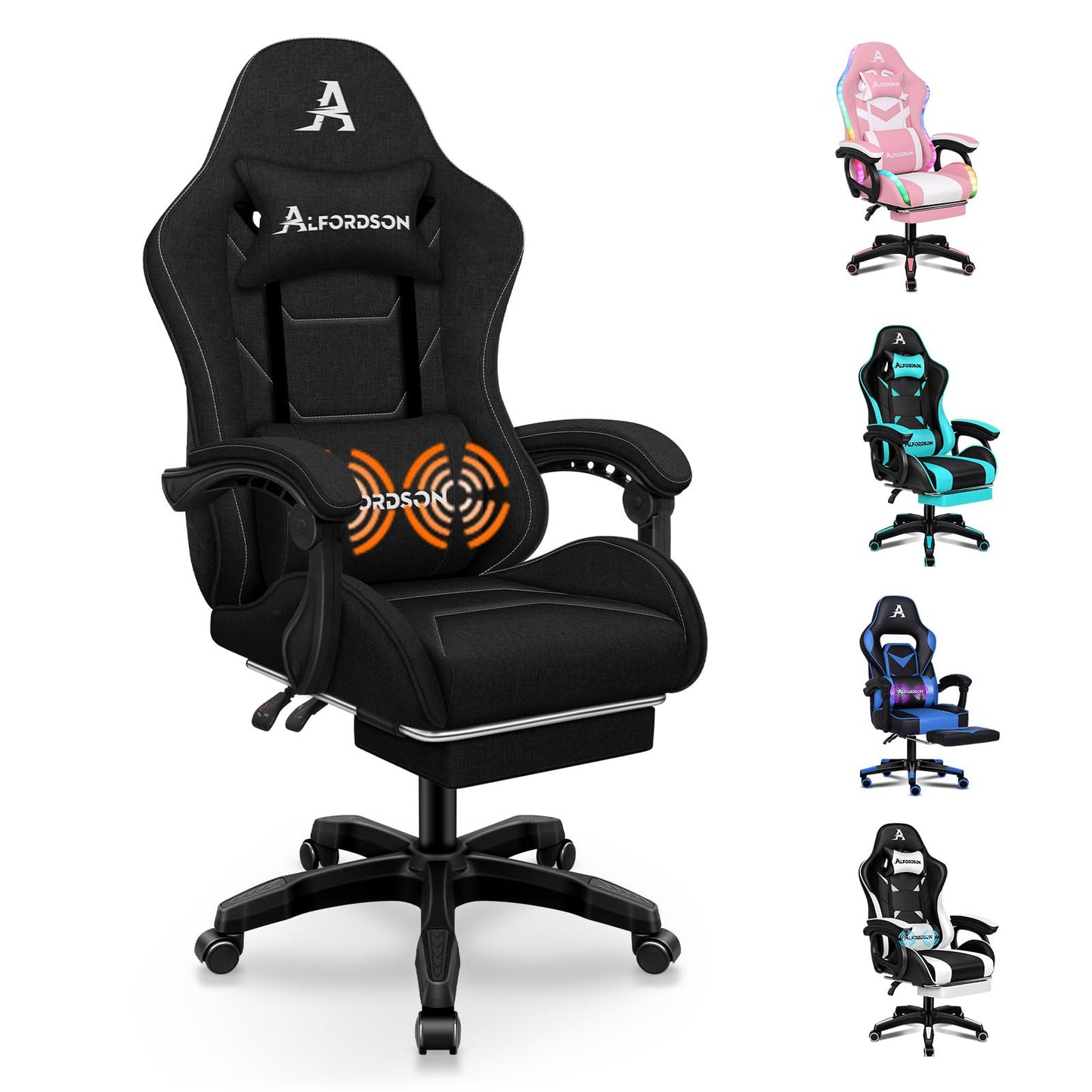 Gaming krēsls ALFORDSON ar masāžu, ergonomisks biroja krēsls, melns