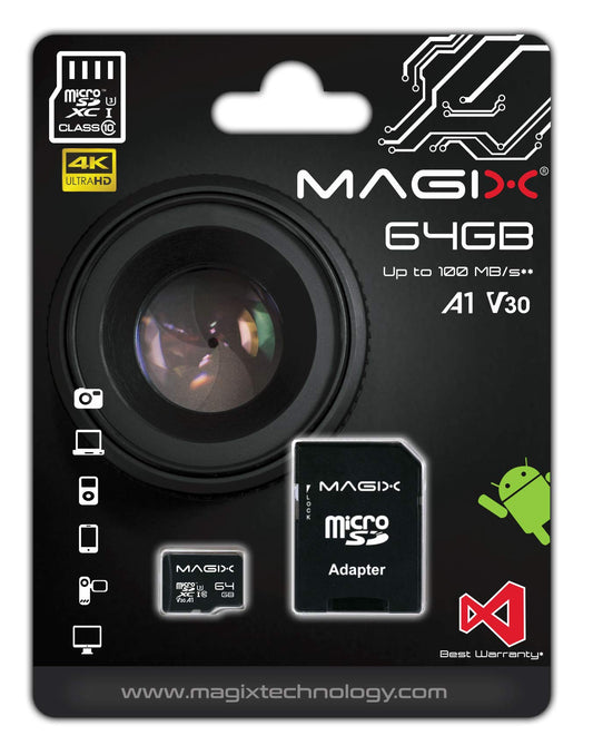 Magix MicroSD atmiņas karte 64GB - 4K sērija, klase 10, V30, SD adapteris, līdz 95 MB/s.