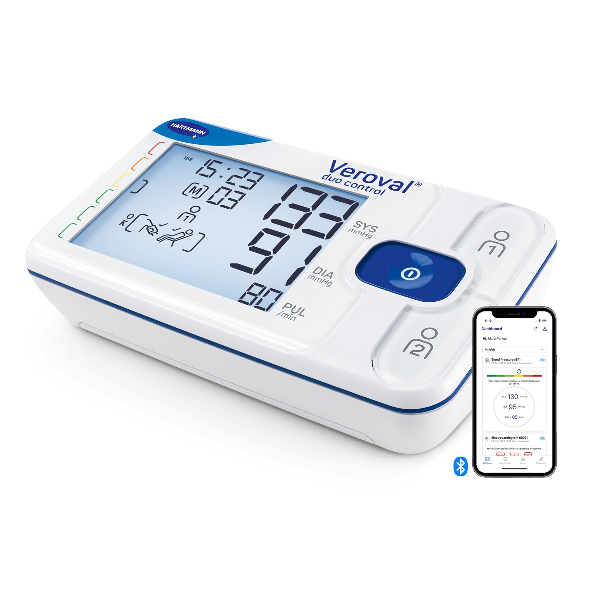 Veroval duo control medium – Asinsspiediena mērītājs uz augšdelma sirdsdarbības traucējumu gadījumā | digitāls, ar lietotni (bluetooth), manšetes novietojuma kontrole, atpūtas indikators un programmatūra
