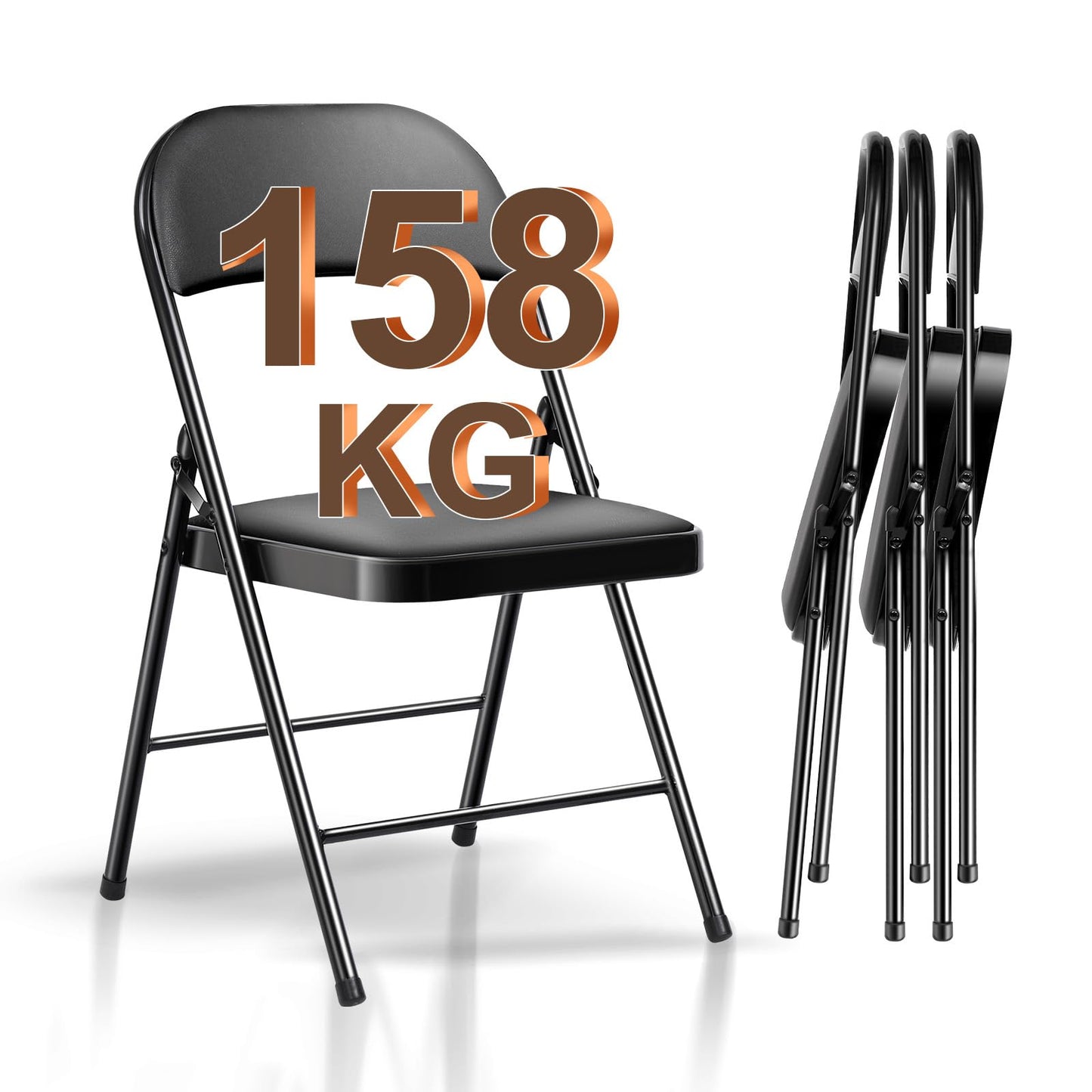 BULAGE saliekamo krēslu 4 gab. komplekts, kempinga krēsls, saliekams dārza krēsls līdz 158 kg, mākslīgās ādas krēsli ar PU sēdekli, melni dārza krēsli