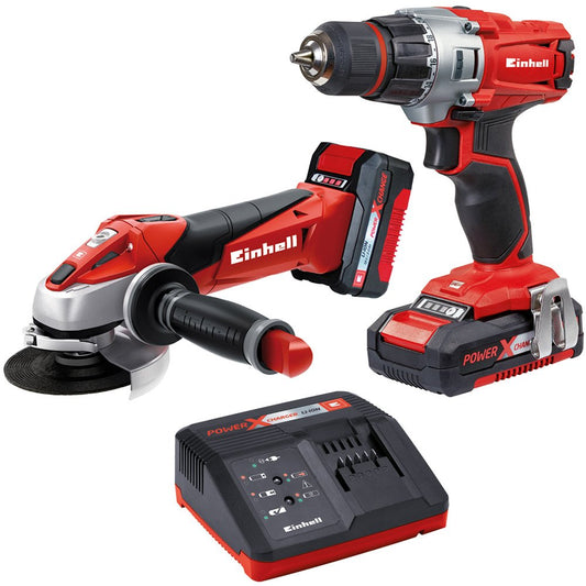 Einhell TE-TK 18 Li Power X-Change Set - Cordless drill, angle grinder, 1.5 Ah & 3.0 Ah batteries, charger included.